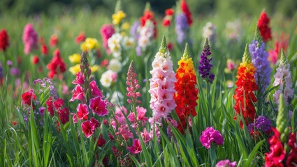 Colorful garden of various flowering plants and blooms in a lush green setting. Beautiful and vibrant floral display. Bright and lively garden scene with a variety of flowers.