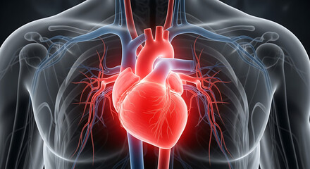Anatomical illustration of a human heart with arteries and veins