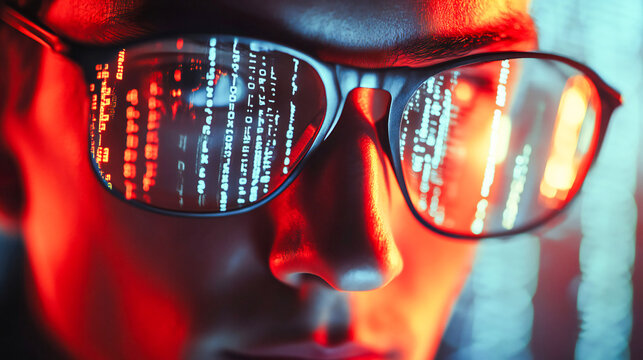 Programming, ai code and man with focus, hologram and digital software with cyber security, futuristic and website development. Male, coder or trader with data analysis and security at night 