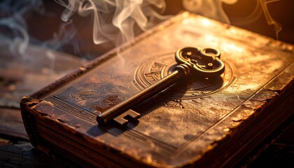 A mysterious antique key sits atop a worn old book, exuding an aura of wisdom and hidden secrets