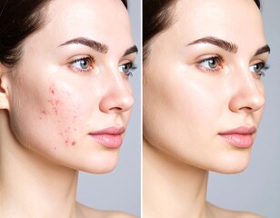 Before and after skin improvement. A woman's face shows acne and redness, then clear, smooth skin