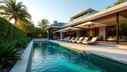 Modern Estate With Pool And Palm Trees modern house