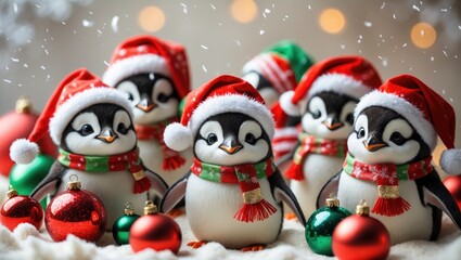 Group of penguins wearing Santa hats with Christmas decorations, amid falling snow. Festive holiday scene celebrating Christmas. Joyful and adorable holiday spirit.
