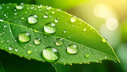 Fototapeta premium Morning dew clings to vibrant green leaf, sunlight illuminating droplets.
