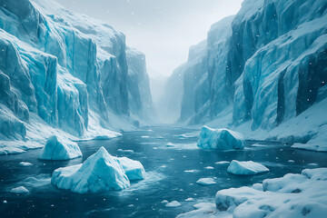 Majestic 3 D Glacial Canyon with Icebergs and Falling Snow glacier arctic