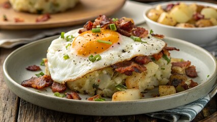 Hearty bubble and squeak with bacon bits and a sunny-side-up egg served on a rustic wooden table