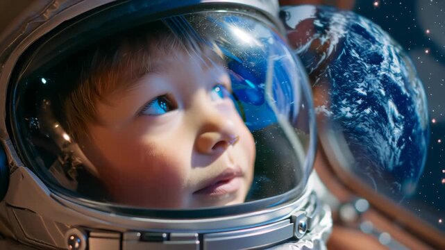Portrait of a cute boy with big eyes happily looking at planet earth wearing a spacesuit helmet and looking through the glass from outer space. A teenager studies space. Spaceship simulator
