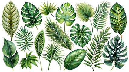 Collection of green leaves, including palm leaves, are shown in various sizes