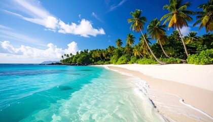 Fototapeta premium Tropical beach scene with turquoise water, white sand, palm trees, and lush green vegetation under a bright blue sky with scattered clouds.
