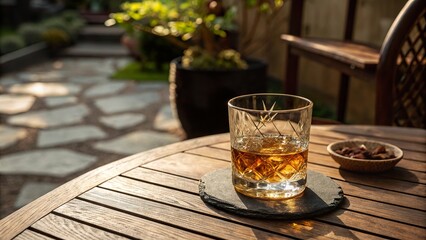Experience the tranquility with a glass of whisky in a serene outdoor garden setting during golden hour
