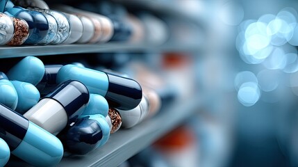 Colorful capsules stacked neatly on shelves in a modern pharmacy during daylight create an organized and inviting atmosphere for customers seeking health solutions