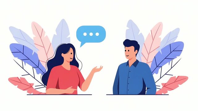 Two people are having a conversation, with a speech bubble above them, surrounded by abstract leaves.