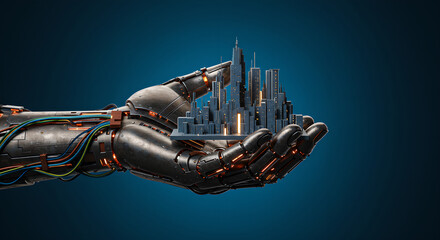 Robotic arm holding miniature futuristic city. Concept of smart urban planning. Artificial intelligence building digital infrastructure.