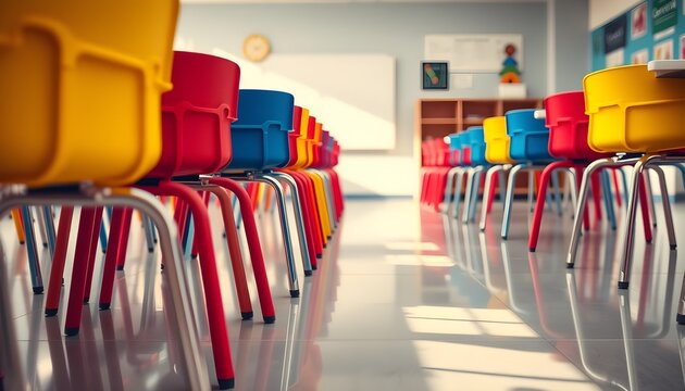 Close-up of colorful student chairs in a contemporary classroom, glossy floors reflecting soft daylight, a vibrant and fun learning environment. - Powered by Adobe