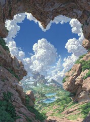 Fototapeta premium Heart-shaped cave opening to a vibrant, cloud-filled sky over a lush landscape