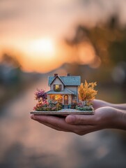 Miniature House Held In Hands At Sunset