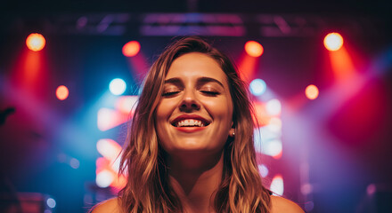 Happy woman with closed eyes smiling, enjoying music at a concert or nightclub. Live music performance for entertainment event design.