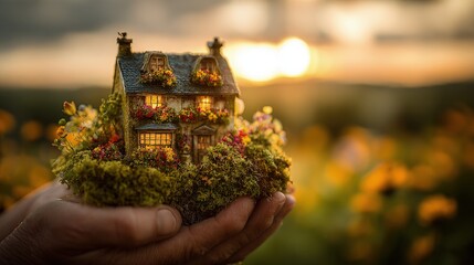 Miniature House Held In Hands At Sunset