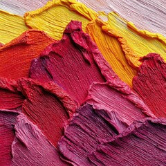Abstract textured painting in vibrant hues of red, yellow, and pink