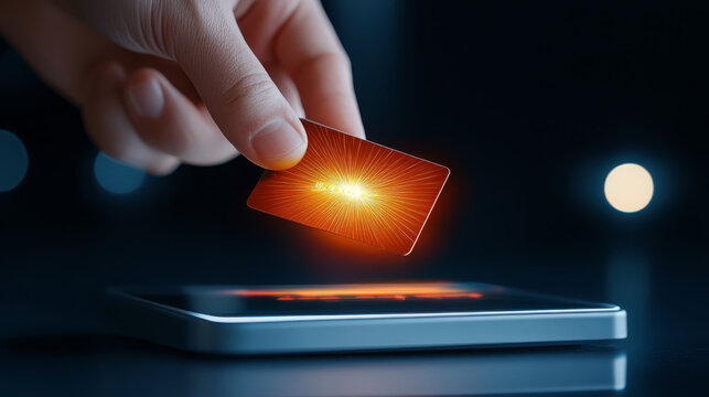 Hand holding glowing credit card above digital payment terminal, futuristic technology