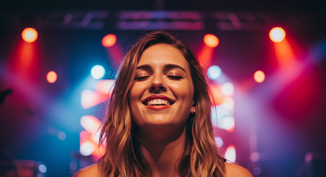 Happy woman with closed eyes smiling, enjoying music at a concert or nightclub. Live music performance for entertainment event design. - Powered by Adobe