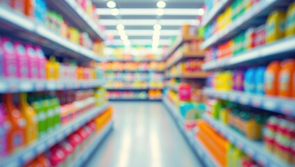 Blurred view of grocery store shelves stocked with colorful products.