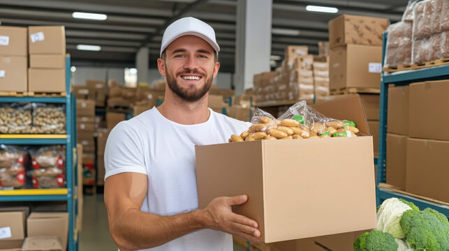 Smiling volunteer holding box food donation warehouse charity community service healthy