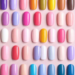 Array of colorful nail polish samples on a pink background. Perfect for beauty blogs, salon ads, and showcasing color variety in cosmetics. Stylish  modern.