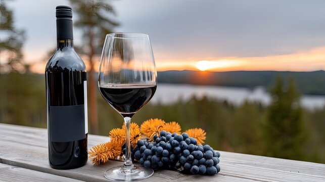 Enjoying red wine with grapes and autumn foliage during sunset by a serene lake in a peaceful outdoor setting - Powered by Adobe
