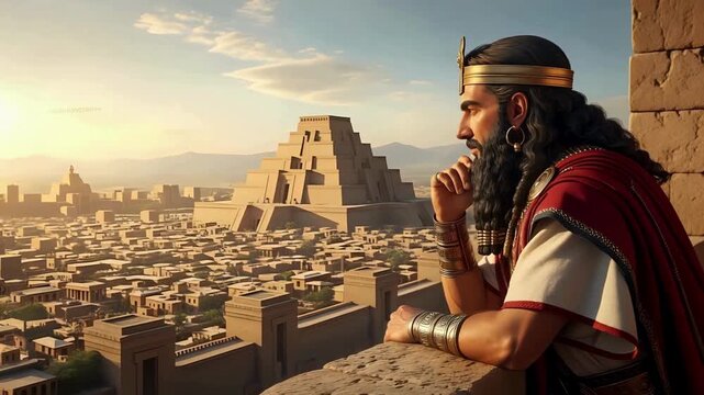Majestic ruler contemplates ancient city, a testament to historical power and architectural grandeur under a vast, sunlit sky.