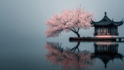 Fototapeta premium Misty cherry blossoms, tranquil pavilion on a calm lake