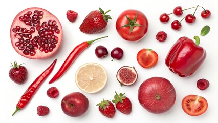 Red fruit and vegetable mix collection with pomegranate, strawberries, and bell peppers on a white background