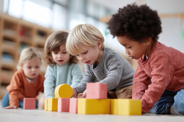 Obraz premium Diversity in learning. Young children are building together with blocks in preschool. Symbolizes early education, development, and teamwork. Perfect for educational content.