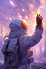 Obraz premium Astronaut reaching for starry sky over a vibrant landscape