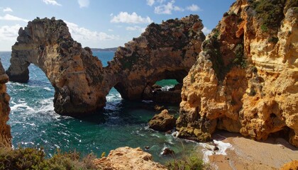Fototapeta premium Dramatic coastal rock formations with arches, turquoise water, and a small sandy beach.