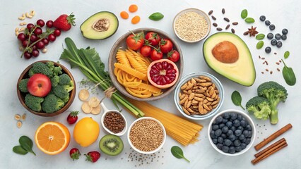 Colorful spread of wholesome vegan ingredients rich in dietary fiber and immune-boosting nutrients on a light background