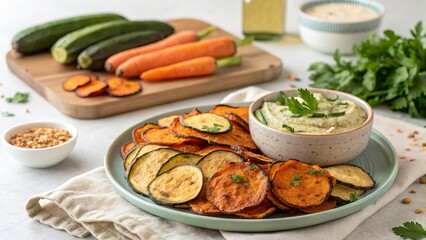 Homemade veggie chips crafted from fresh zucchini, carrots, and sweet potatoes served with a creamy dip