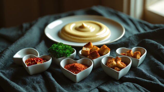 A plate of creamy hummus with heart-shaped bowls of crispy fried bites, garnished with parsley and served with small dishes of sauces or dips.