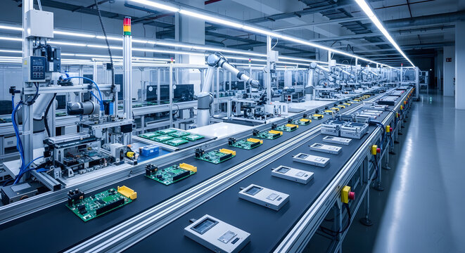 Modern electronics manufacturing assembly line with robotic arms