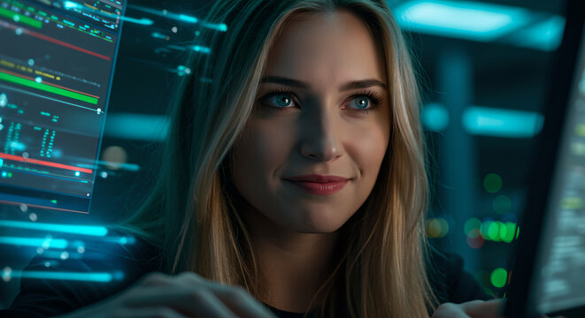 A caucasian woman looking at digital data. Female programmer coding. Cybersecurity concept with futuristic interface.