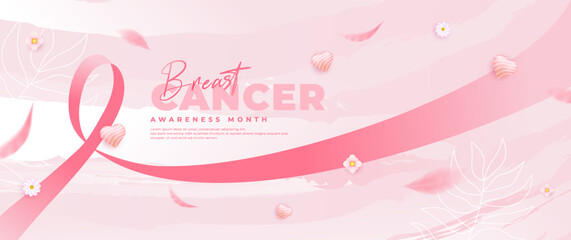 Breast cancer awareness month banner with pink ribbon element