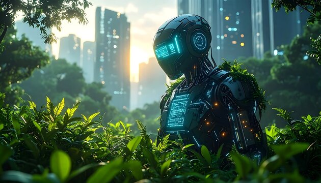 Futuristic robot amidst lush greenery in a city setting - Powered by Adobe