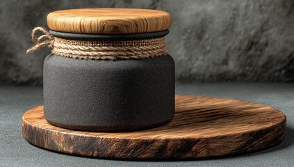 Dark grey ceramic jar with wooden lid and rustic twine