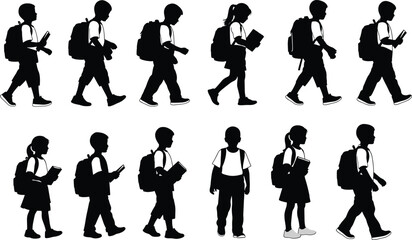 Silhouette vector illustration of school children walking with backpacks and books, ideal for educational, academic, and back-to-school designs.