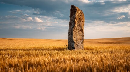 Stone monument in wheat field