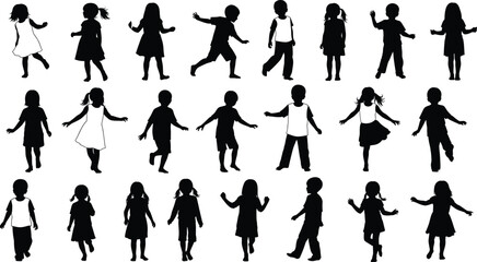 Silhouette vector illustration of playful children in motion, ideal for educational materials, childhood concepts, and kids activity design.