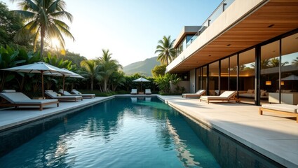 Fototapeta premium Modern villa with pool and palm trees luxury resort