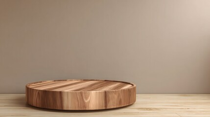 Empty brown wood podium blank advertising desk mockup product display cosmetic stand. Round wooden podium or pedestal for showing product.
