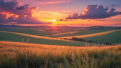 Obraz premium Vivid sunset over rolling hills and lush fields, with vibrant clouds in the sky and a peaceful landscape.