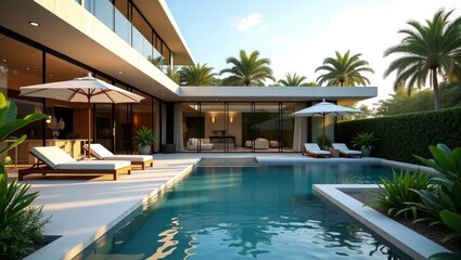 Fototapeta premium Modern villa with swimming pool and palm trees lounge chairs